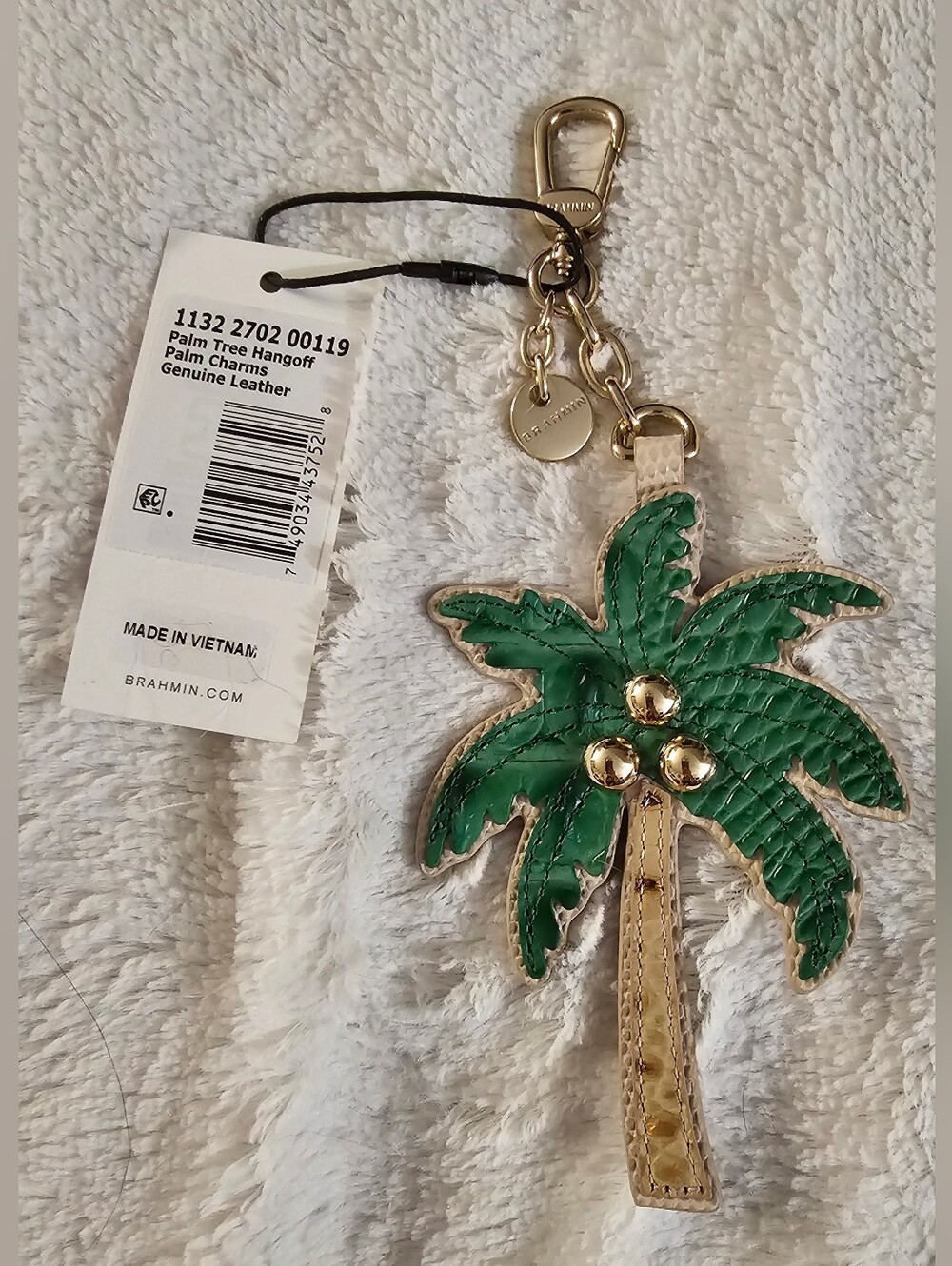 Brahmin Palm Tree Genuine Leather Bag Charm Keychain NWT Green Gold Cream
